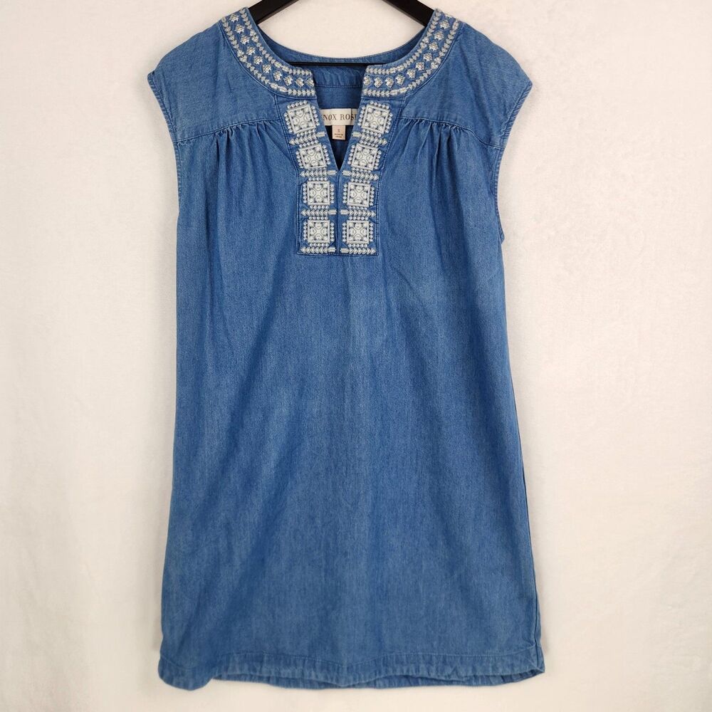 Knox Rose Shift Dress Small Cotton Blend Chambray Embroidered Boho Western Deco